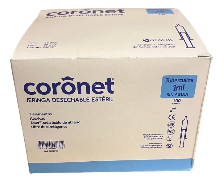 Jeringa Descartable Tuberculina Coronet 1 Ml S/aguja X100 Un Capacidad En Volumen 1 Cc